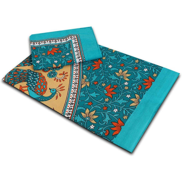 Turquoise Peacock Print 120 TC Cotton Double Bed Sheet with 2 Pillow Covers (SHKAP1044) - Frionkandy