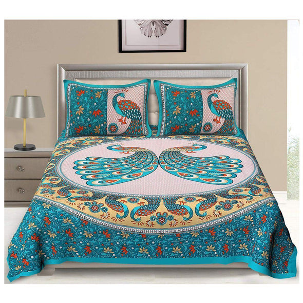 Turquoise Peacock Print 120 TC Cotton Double Bed Sheet with 2 Pillow Covers (SHKAP1044) - Frionkandy
