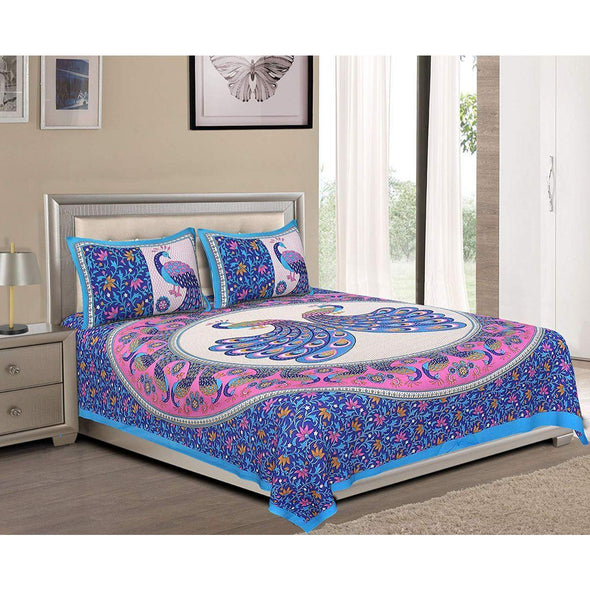 Blue Peacock Print 120 TC Cotton Double Bed Sheet with 2 Pillow Covers (SHKAP1045) - Frionkandy