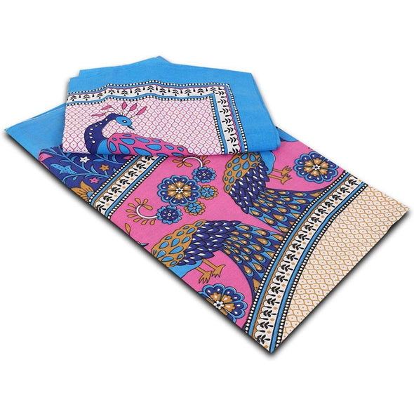 Blue Peacock Print 120 TC Cotton Double Bed Sheet with 2 Pillow Covers (SHKAP1045) - Frionkandy
