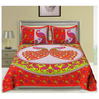 Orange Peacock Print 120 TC Cotton Double Bed Sheet with 2 Pillow Covers (SHKAP1046) - Frionkandy
