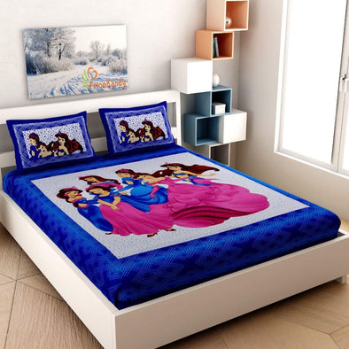Blue Barbie Print 120 TC Cotton Double Bed Sheet with 2 Pillow Covers (SHKAP1049) - Frionkandy