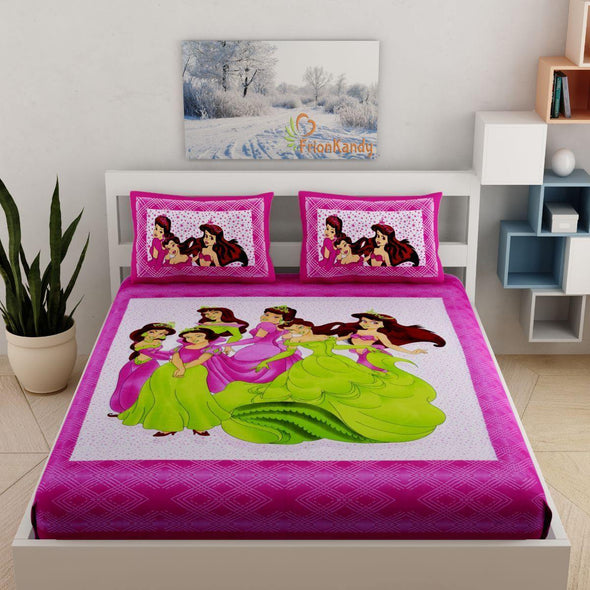 Pink Barbie Print 120 TC Cotton Double Bed Sheet with 2 Pillow Covers (SHKAP1051) - Frionkandy