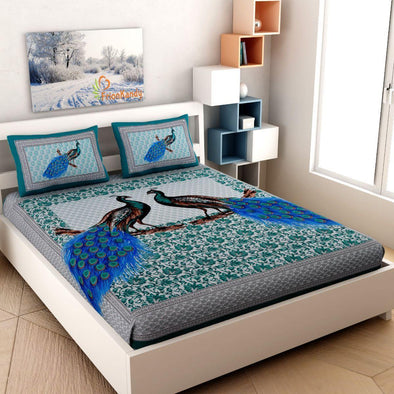 Turquoise Peacock Print 120 TC Cotton Double Bed Sheet with 2 Pillow Covers (SHKAP1052) - Frionkandy