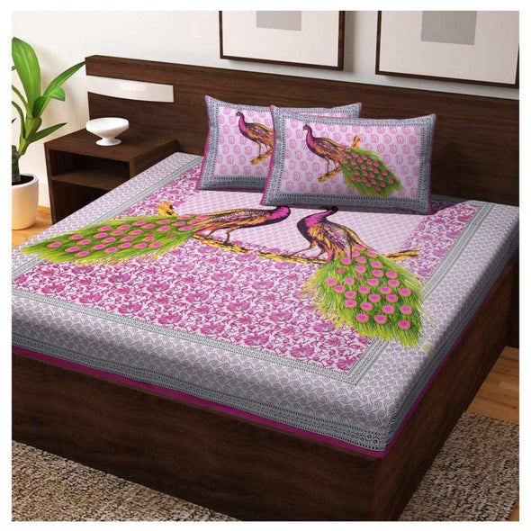Pink Peacock Print 120 TC Cotton Double Bed Sheet with 2 Pillow Covers (SHKAP1054) - Frionkandy