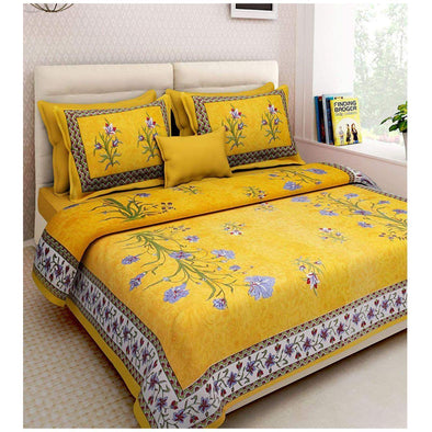 Yellow Kashmir Kali Print 120 TC Cotton Double Bed Sheet with 2 Pillow Covers (SHKAP1055) - Frionkandy