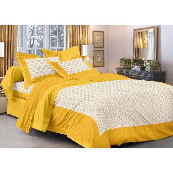 Yellow Buta Print 120 TC Cotton Double Bed Sheet with 2 Pillow Covers (SHKAP1066) - Frionkandy