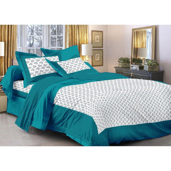 Turquoise Buta Print 120 TC Cotton Double Bed Sheet with 2 Pillow Covers (SHKAP1067) - Frionkandy