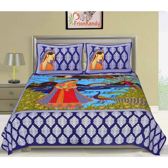 Blue Queen With Peacock 120 TC Cotton Double Bed Sheet with 2 Pillow Covers (SHKAP1079) - Frionkandy