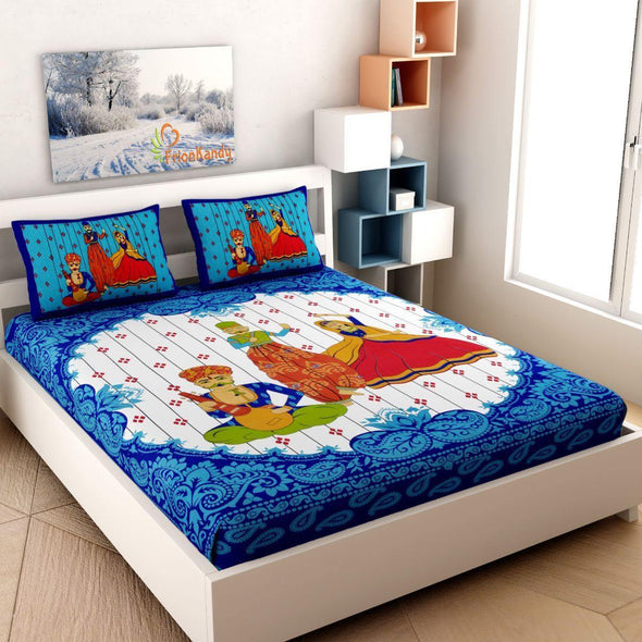 Blue Puppet Print 120 TC Cotton Double Bed Sheet with 2 Pillow Covers (SHKAP1081) - Frionkandy