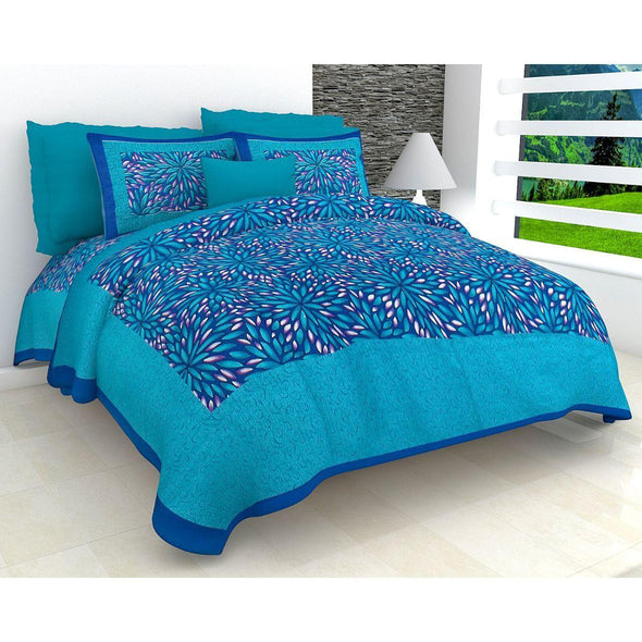 Blue Leaf Print 120 TC Cotton Double Bed Sheet with 2 Pillow Covers (SHKAP1089) - Frionkandy