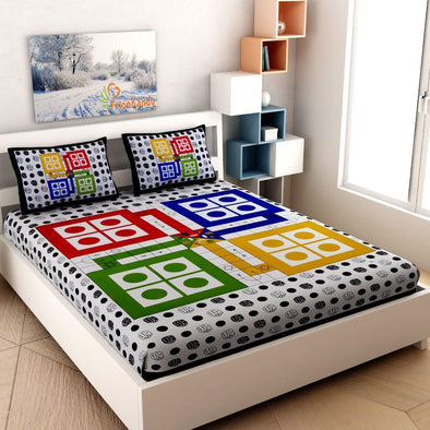 Black Ludo Print 120 TC Cotton Double Bed Sheet with 2 Pillow Covers (SHKAP1092) - Frionkandy