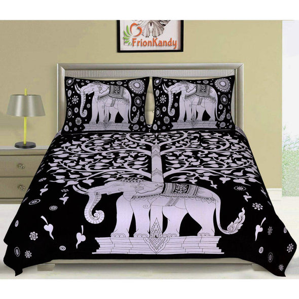 Black Elephant Tree Print 120 TC Cotton Double Bed Sheet with 2 Pillow Covers (SHKAP1099) - Frionkandy