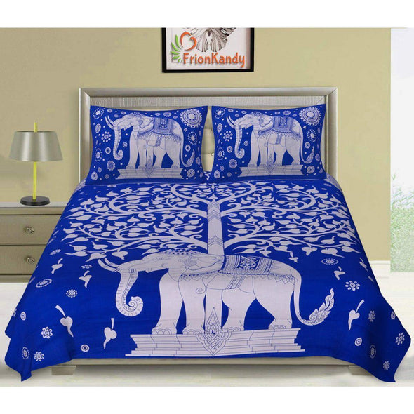 Blue Elephant Tree Print 120 TC Cotton Double Bed Sheet with 2 Pillow Covers (SHKAP1100) - Frionkandy