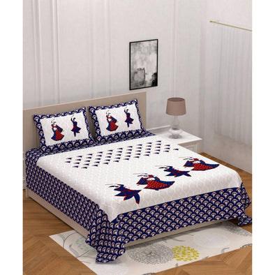 Blue Dandiya Print 120 TC Cotton Double Bed Sheet with 2 Pillow Covers (SHKAP1105) - Frionkandy