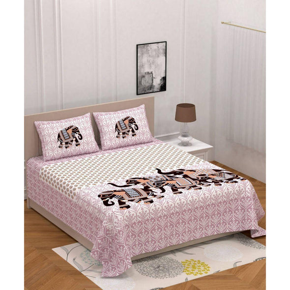 Purple Elephant Print 120 TC Cotton Double Bed Sheet with 2 Pillow Covers (SHKAP1110) - Frionkandy