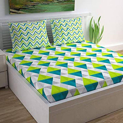 Turquoise Geometric Print 120 TC Cotton Double Bed Sheet with 2 Pillow Covers (SHKAP1129) - Frionkandy
