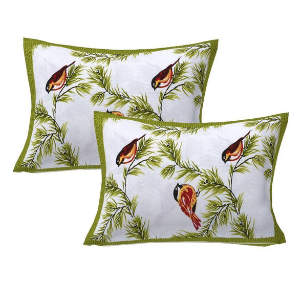 Light Green Sparrow Print 120 TC Cotton Double Bed Sheet with 2 Pillow Covers (SHKAP1130) - Frionkandy