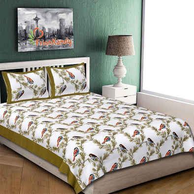 Olive Green Sparrow Print 120 TC Cotton Double Bed Sheet with 2 Pillow Covers (SHKAP1132) - Frionkandy