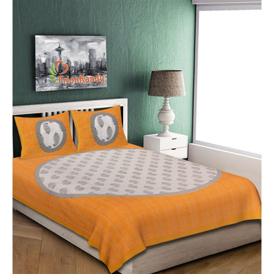 Yellow Jaipuri Buta Print 120 TC Cotton Double Bed Sheet with 2 Pillow Covers (SHKAP1136) - Frionkandy