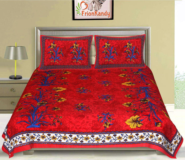 Red Kashmiri Floral Print 120 TC Cotton Double Bed Sheet with 2 Pillow Covers (SHKAP1139) - Frionkandy