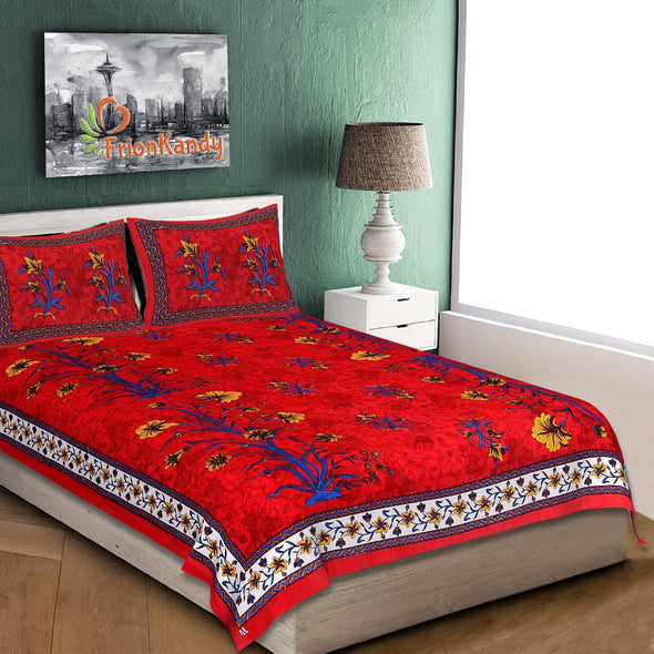 Red Kashmiri Floral Print  120 TC Cotton Double Bed Sheet with 2 Pillow Covers (SHKAP1139) - Frionkandy