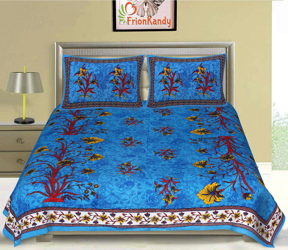 Turquoise Kashmiri Floral Print  120 TC Cotton Double Bed Sheet with 2 Pillow Covers (SHKAP1140) - Frionkandy