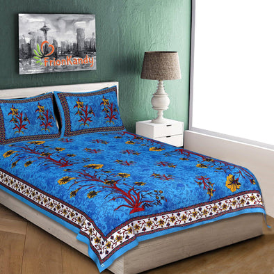 Turquoise Kashmiri Floral Print 120 TC Cotton Double Bed Sheet with 2 Pillow Covers (SHKAP1140) - Frionkandy