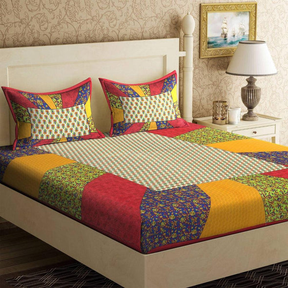 Red Floral Print 120 TC Cotton Double Bed Sheet with 2 Pillow Covers (SHKAP1144) - Frionkandy