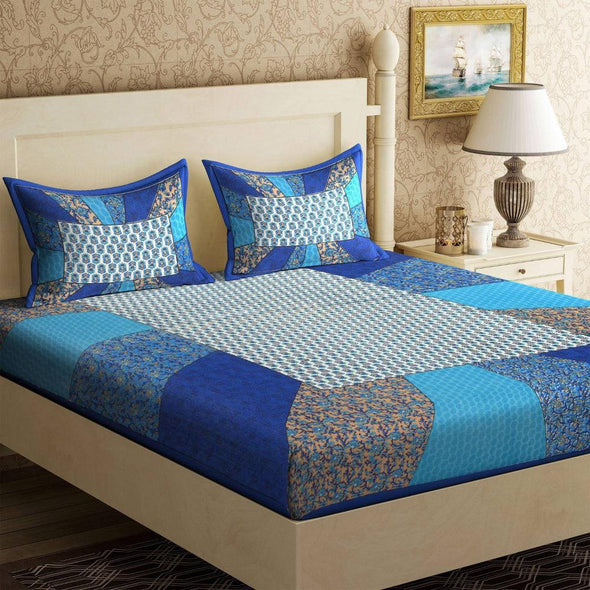 Blue Floral Print 120 TC Cotton Double Bed Sheet with 2 Pillow Covers (SHKAP1145) - FrionKandy