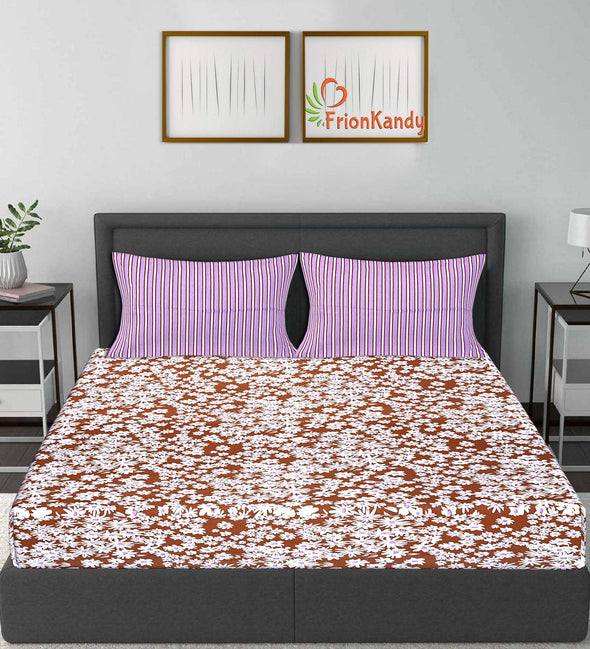 Brown Floral Print 120 TC Cotton Double Bed Sheet with 2 Pillow Covers (SHKAP1152) - Frionkandy