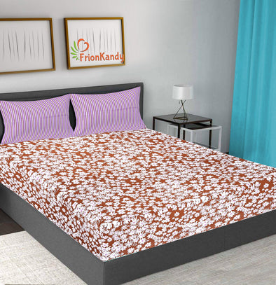 Brown Floral Print 120 TC Cotton Double Bed Sheet with 2 Pillow Covers (SHKAP1152) - Frionkandy