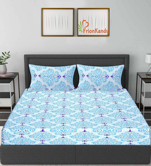 Blue Floral Print 120 TC Cotton Double Bed Sheet with 2 Pillow Covers (SHKAP1154) - Frionkandy