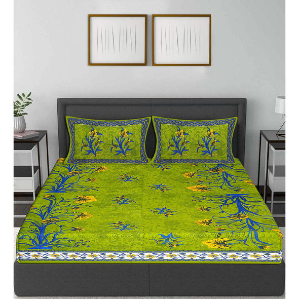 Green Jaipuri Print 120 TC Cotton Double Bed Sheet with 2 Pillow Covers (SHKAP1160) - Frionkandy
