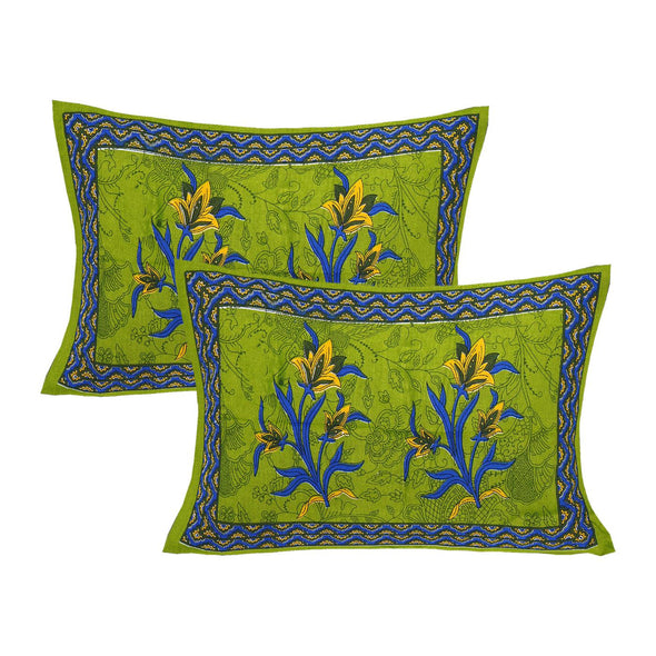 Green Jaipuri Print 120 TC Cotton Double Bed Sheet with 2 Pillow Covers (SHKAP1160) - FrionKandy