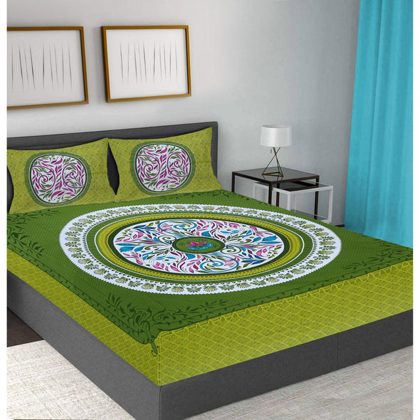 Green Jaipuri Print 120 TC Cotton Double Bed Sheet with 2 Pillow Covers (SHKAP1161) - Frionkandy