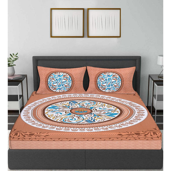 Brown Jaipuri Print 120 TC Cotton Double Bed Sheet with 2 Pillow Covers (SHKAP1164) - FrionKandy