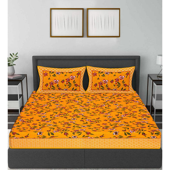 Yellow Jaipuri Print 120 TC Cotton Double Bed Sheet with 2 Pillow Covers (SHKAP1165) - Frionkandy