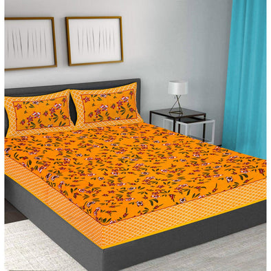 Yellow Jaipuri Print 120 TC Cotton Double Bed Sheet with 2 Pillow Covers (SHKAP1165) - Frionkandy