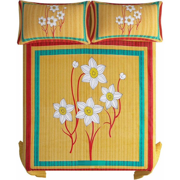 Mustard Yellow Jaipuri Print 120 TC Cotton Double Bed Sheet with 2 Pillow Covers (SHKAP1168) - Frionkandy
