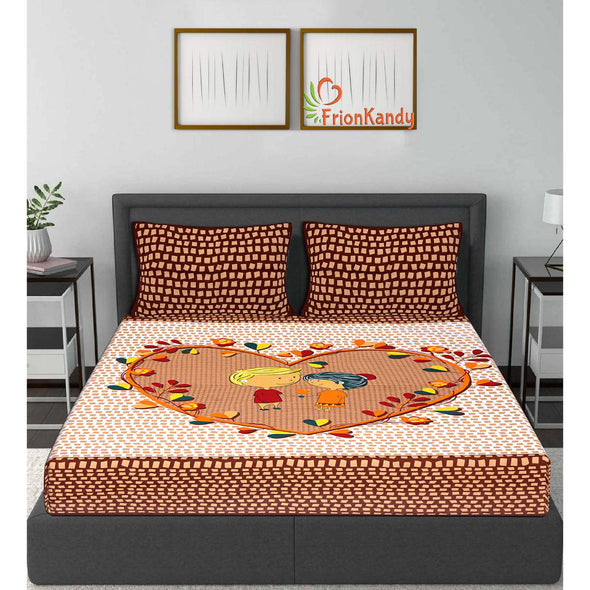 Brown Jaipuri Print 120 TC Cotton Double Bed Sheet with 2 Pillow Covers (SHKAP1172) - Frionkandy