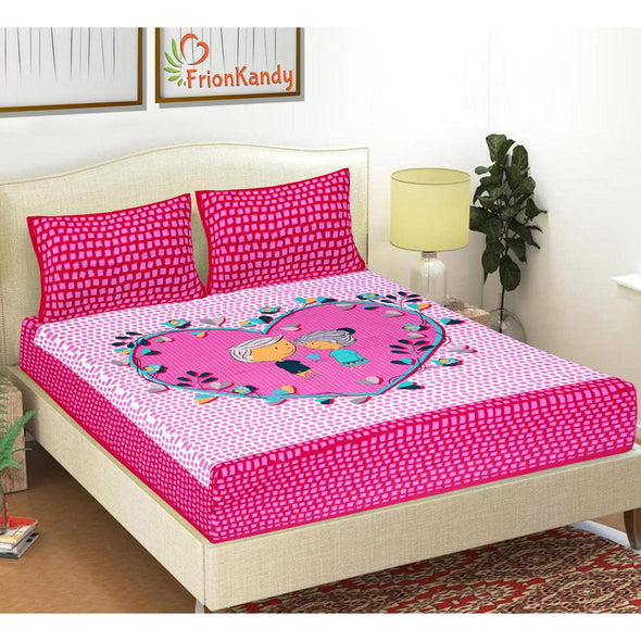 Pink Jaipuri Print 120 TC Cotton Double Bed Sheet with 2 Pillow Covers (SHKAP1173) - Frionkandy