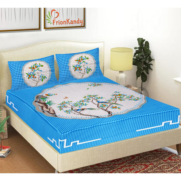 Turquoise Jaipuri Print 120 TC Cotton Double Bed Sheet with 2 Pillow Covers (SHKAP1174) - Frionkandy