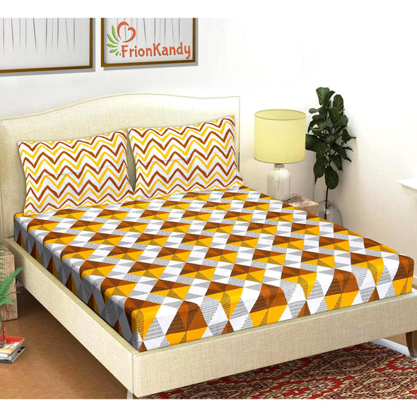 Mustard Yellow Jaipuri Print 120 TC Cotton Double Bed Sheet with 2 Pillow Covers (SHKAP1181) - FrionKandy