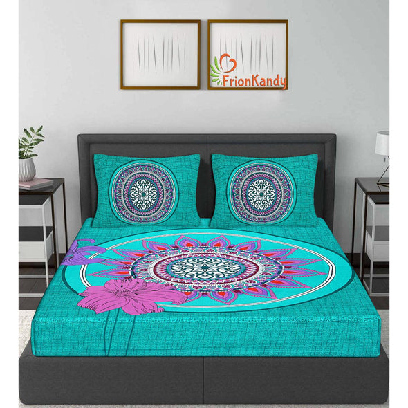 Turquoise Jaipuri Print 120 TC Cotton Double Bed Sheet with 2 Pillow Covers (SHKAP1183) - FrionKandy