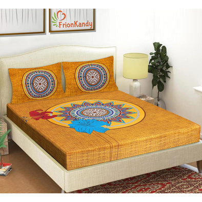 Mustard Yellow Jaipuri Print 120 TC Cotton Double Bed Sheet with 2 Pillow Covers (SHKAP1184) - Frionkandy