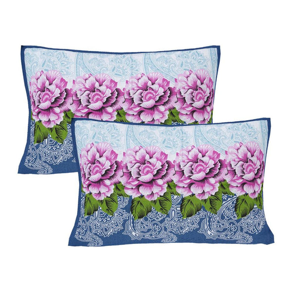Blue Floral Print 120 TC Cotton Double Bed Sheet with 2 Pillow Covers (SHKAP1189) - Frionkandy