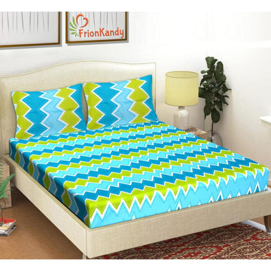 Aqua Blue Zigzag Print 120 TC Cotton Double Bed Sheet with 2 Pillow Covers (SHKAP1191) - FrionKandy