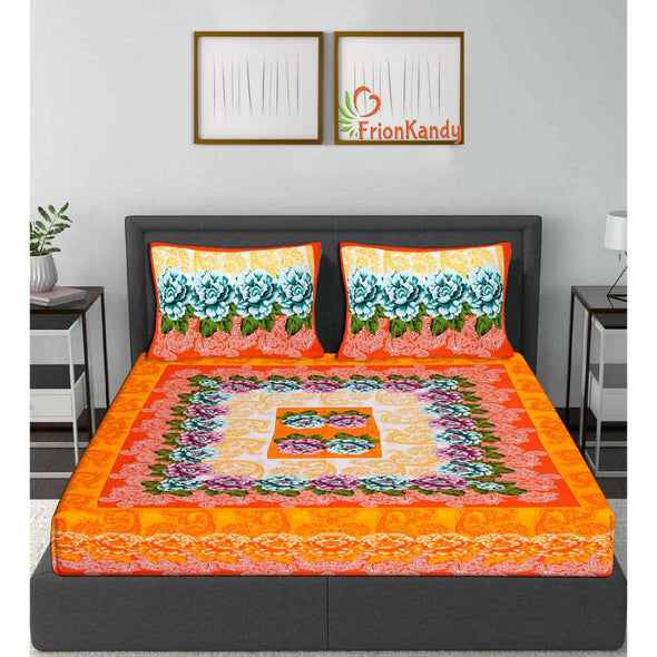 Orange Floral Print 120 TC Cotton Double Bed Sheet with 2 Pillow Covers (SHKAP1194) - Frionkandy