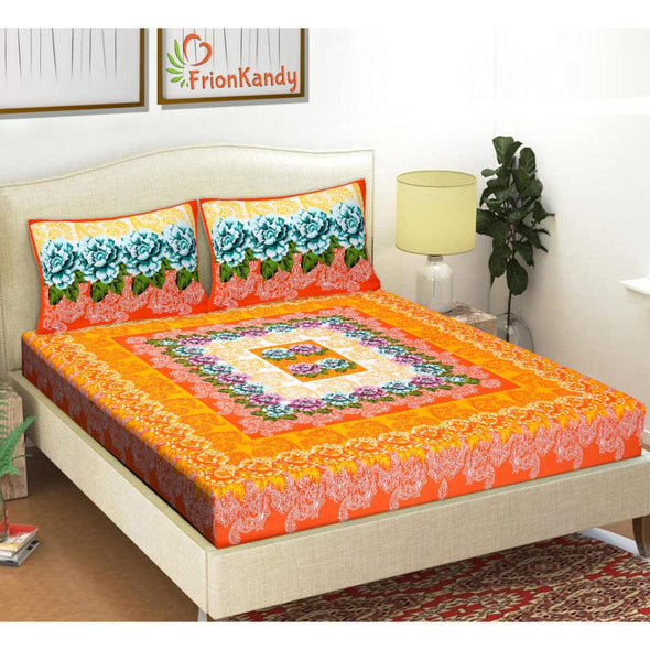 Orange Floral Print 120 TC Cotton Double Bed Sheet with 2 Pillow Covers (SHKAP1194) - Frionkandy